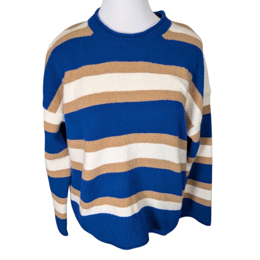 New Madewell Womens Small Blue Tan Striped Crewneck Sweater Do Well Cotton